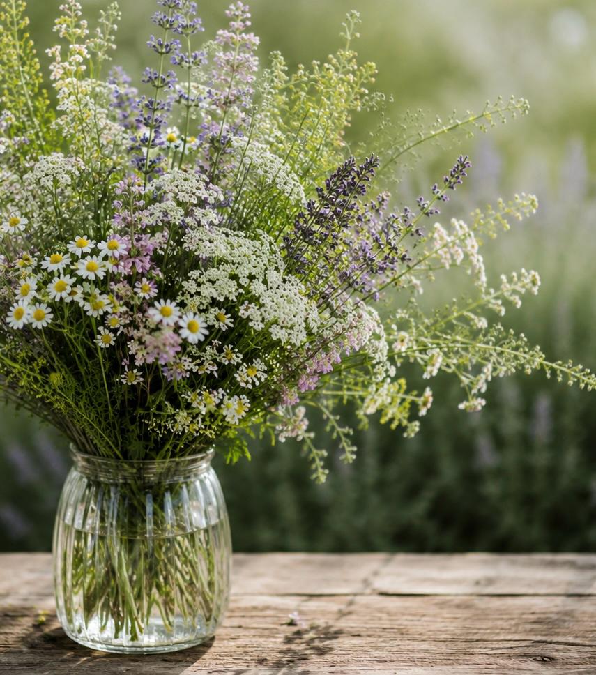 Wildblumen in einer Glasvase als Symbol für natürliche Begleitung